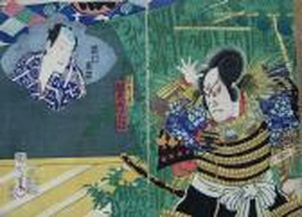 Scena Z Przedstawienia Kabuki Taikoki- Dyptyk Oil Painting by Toyohara Kunichika