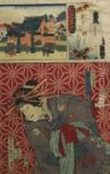 Onoe Kikugoro As Okaru Of 
Theichirikiya House With A View Of The Fugkugawa Hachimangu Shrine Oil Painting by Toyohara Kunichika