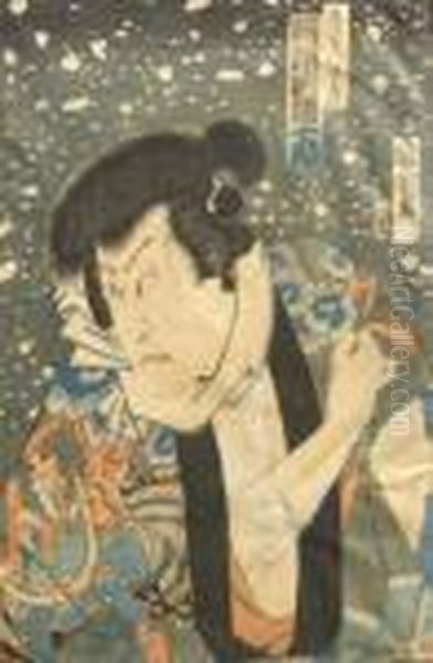 The Actor Kawarazaki Gonjuro Asa Character Preparing For A Fight Oil Painting by Toyohara Kunichika