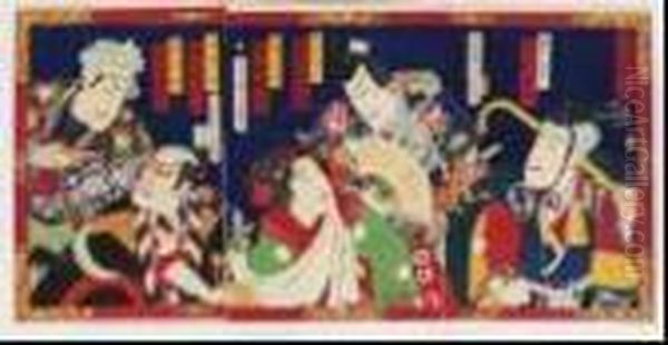 The Actor Onoe Kikugoro And Others In Character Oil Painting by Toyohara Kunichika