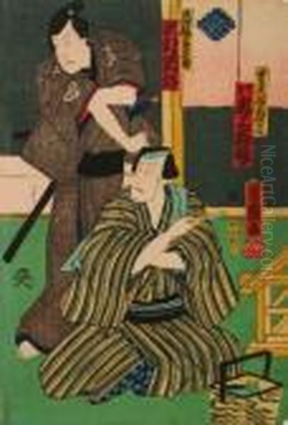 Three Prints Of Kabuki Actors Oil Painting by Toyohara Kunichika