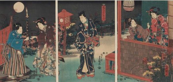 Triptych With Figures Oil Painting by Kunisada