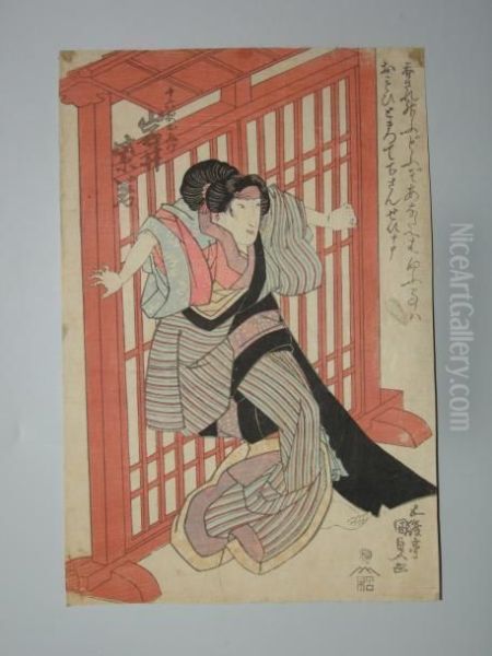 Une Jeune Femme Se Tient A Une Grille Oil Painting by Kunisada