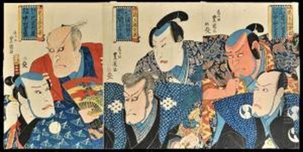 Triptych: Half Length Portraits Of Actors Depicting Anger And Fear Oil Painting by Kunisada