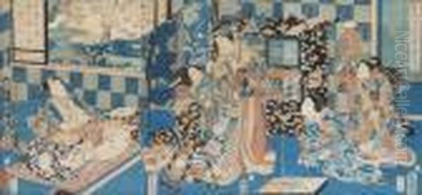 Tryptique Representant Une Scene Du Genji Monogatari. Oil Painting by Kunisada