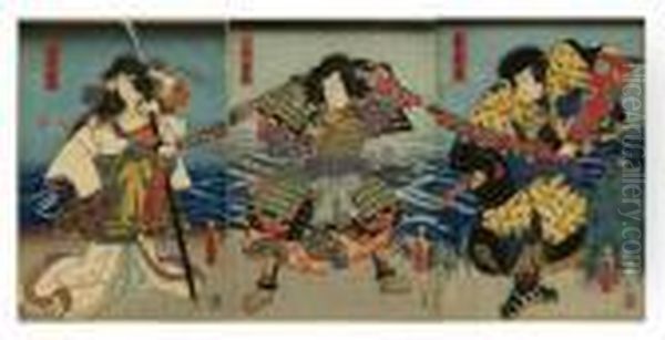 Kabuki Scene: Three Warriors Oil Painting by Kunisada