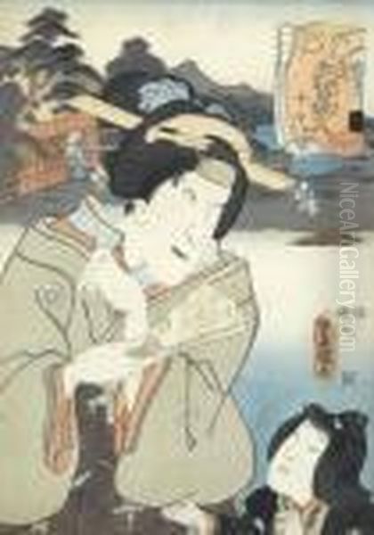 Kabuki-schauspieler Mit Landschaftspartie Im Hintergrund Oil Painting by Kunisada