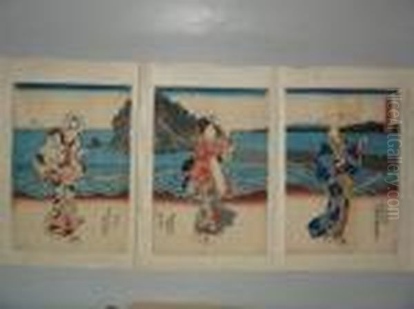 Trois Jeunes Femmes Au Bord De La Mer Oil Painting by Kunisada