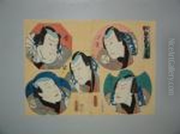 Portrait En Buste De Cinq Acteurs Oil Painting by Kunisada