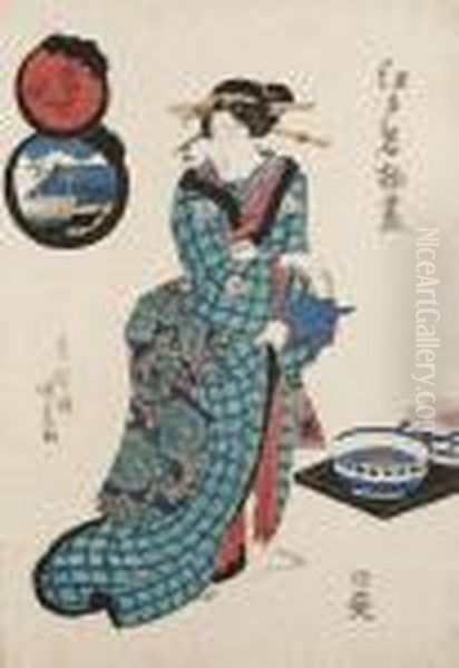 Een Schoonheid Met Theepot Oil Painting by Kunisada