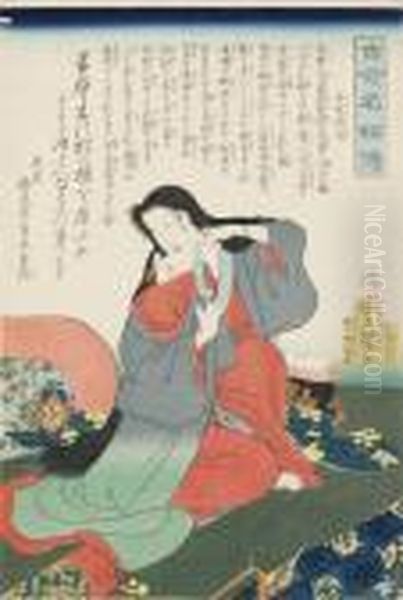 Tokiwa Gozen Kleedt Zich Aan Oil Painting by Kunisada