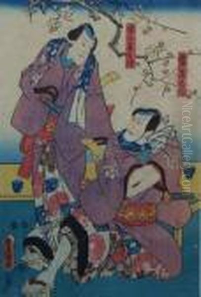 Acteurs Dans Les Roles De Raiza Kyuro Et De Yasuno Oil Painting by Kunisada