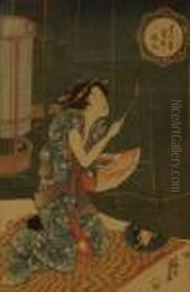 Dame Agenouillee, Tenant Une Allumette Enflammee Oil Painting by Kunisada