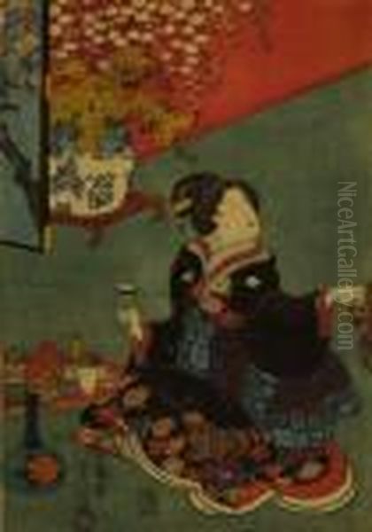 Dame Assise, Une Coupe Bleue A La Main Oil Painting by Kunisada