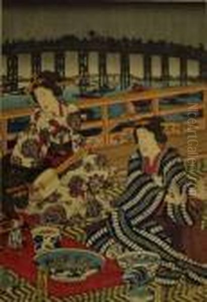 Deux Geishas, Dont L'une Tient Un Samisen Oil Painting by Kunisada