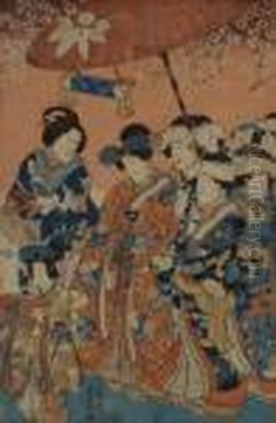 Groupe Feminin Sous Une Ombrelle Oil Painting by Kunisada