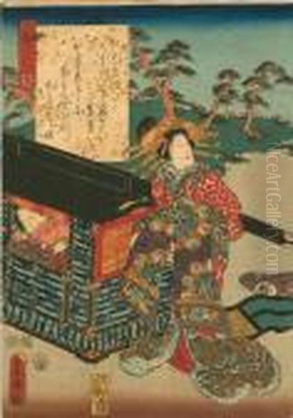 Kurtyzana Stojaca Obok Palankinu (z Cyklu Opowiesci Oksieciu Genji) Oil Painting by Kunisada