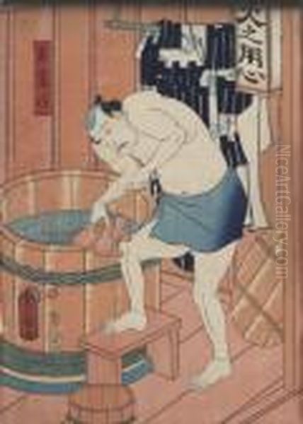 Man Vid Badtunna Oil Painting by Kunisada