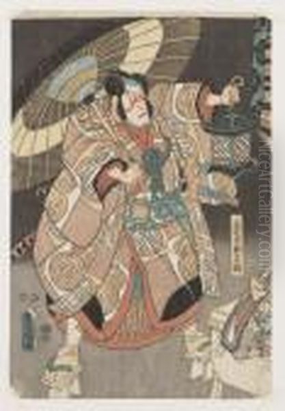 Man Med Lykta Och Parasoll Oil Painting by Kunisada