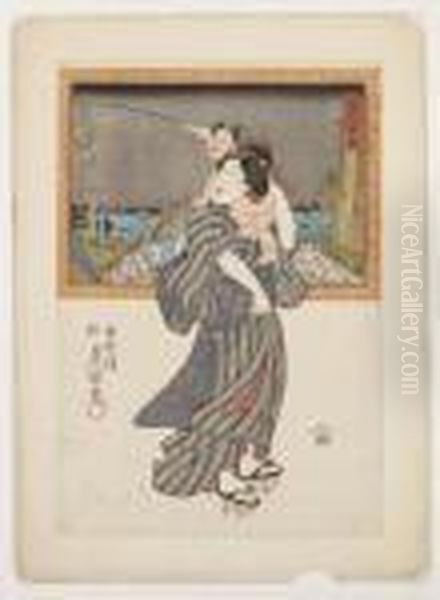 Kvinna Barandes Ett Barn Oil Painting by Kunisada