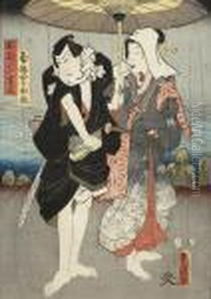 Man Och Kvinna Under Regnparasoll Oil Painting by Kunisada