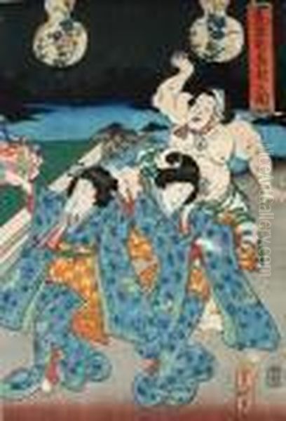 Taniec Bon-odori Oil Painting by Kunisada