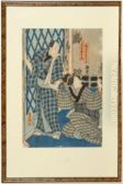 Depicting A Man And Woman Beside A Lattice Doorway Oil Painting by Kunisada