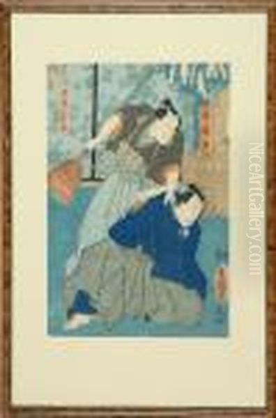 Scene Of Two Men With One Holding A Broom Oil Painting by Kunisada