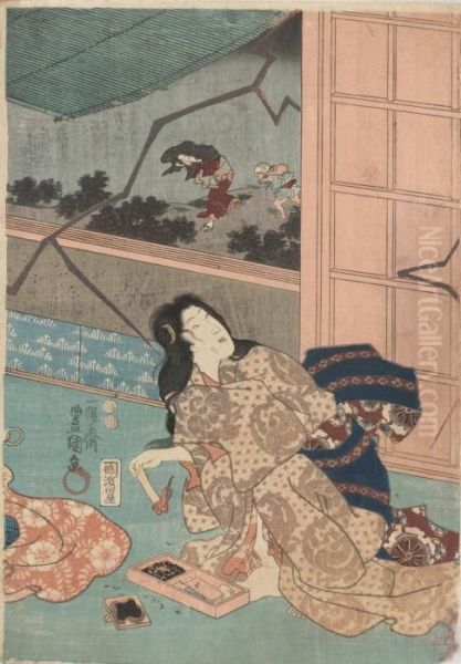 Kvinna I Askvader Med Elddon Oil Painting by Kunisada