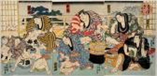 Raining, From The Series Of 8 Views Of Charity Sumo Oil Painting by Kunisada