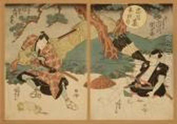 Depicting Two Warriors In A Pine Tree Landscape Under Rain. Oil Painting by Kunisada