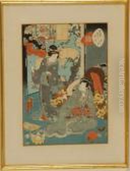 Scene Of A Woman Pouring Sake For A Seated Gentleman Oil Painting by Kunisada