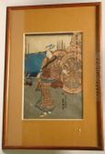 A Woman Standing Beside Cart Wheels Oil Painting by Kunisada