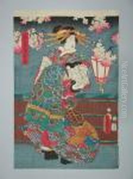 Une Jeune Femme Debout En Kimono De Fete Oil Painting by Kunisada