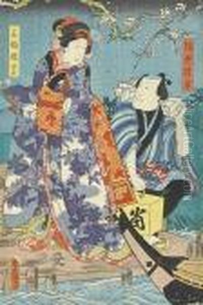 A Kabuki Triptych Oil Painting by Kunisada