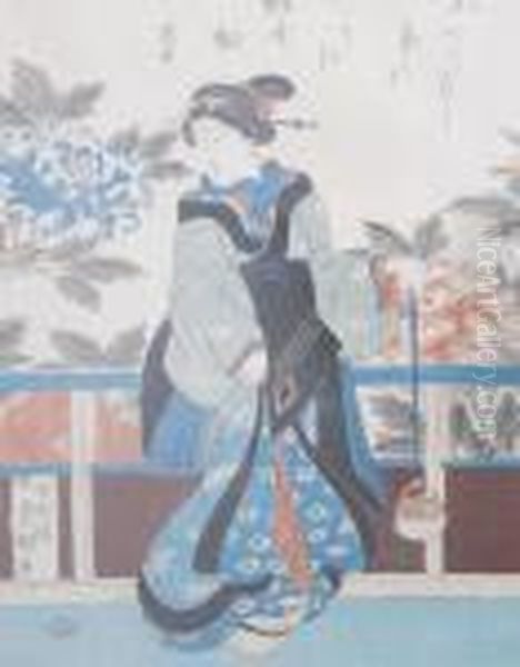 Oban Tate-e. Zwei Blatter Mit Bijin Auf Einer Veranda Oil Painting by Kunisada