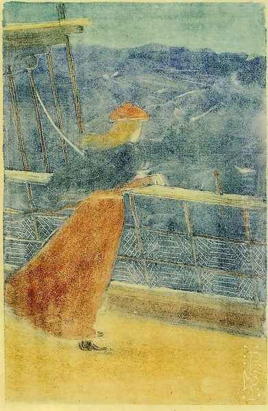 Woman On Ship Deck Looking Out To Sea Aka Girl At Ships Rail Oil Painting by Maurice Brazil Prendergast