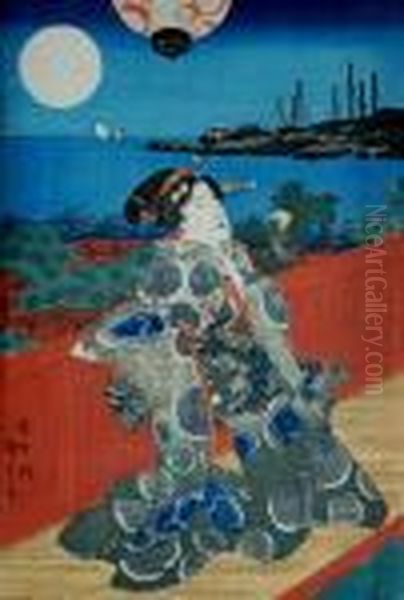 Kobieta Stojaca Na Balkonie Na Tle Ksiezyca W Pelni Oil Painting by Kunisada