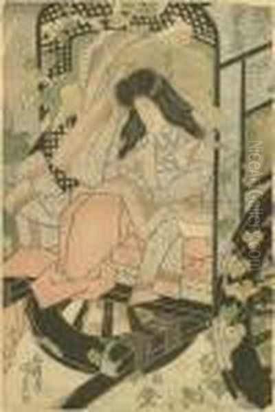 Madchenmit Gelostem Haar In Einem Karren Sitzend, Der Einige Weinrankentragt Oil Painting by Kunisada