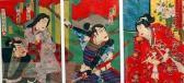 Kabuki Triptych Oil Painting by Kunisada