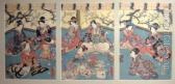 Triple Oban Court Scenes Oil Painting by Kunisada