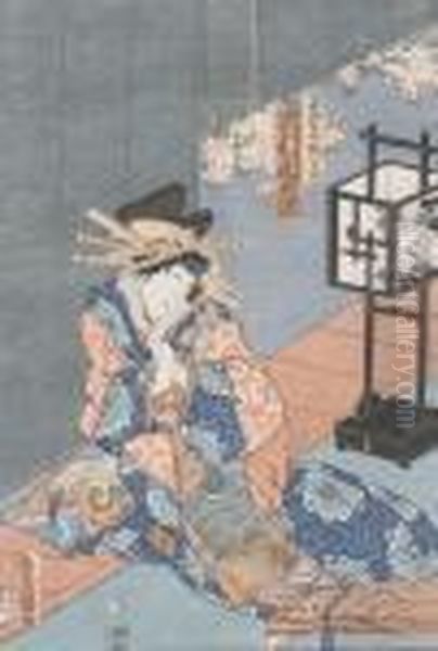 Kurtisane Bei Der Veranda Mit Stehlampe Und Koto. Oil Painting by Kunisada