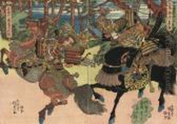 An Early Warrior Diptych Showing
 Minamoto Yoshitomo And Minamoto Yoshitsune On Horseback, Signed Oil Painting by Kunisada