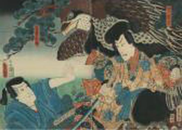 Two Actors In Character Oil Painting by Kunisada