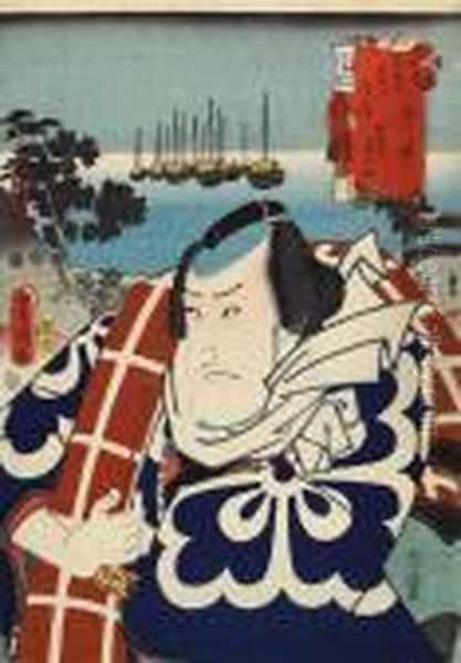 Shinagawa
. Halbportrat Des Schauspielers Matsumoto Koshiro V In Der Rolle Des 
Banzui Chobei. Im Hintergrund Die Segelschiffe In Der Bucht Bei 
Shinagawa Am Abend. B) Linkes Blatt. Titel: Oil Painting by Kunisada