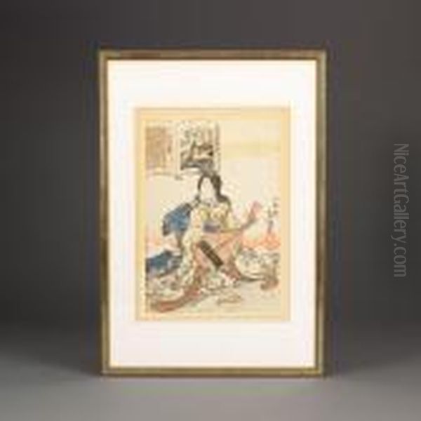 Woman With Biwa Oil Painting by Kunisada