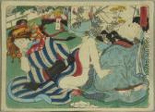 Kunisada, Utagawa Zugeschrieben. Kurtisane Und Klient, Japan, Um 1845 Oil Painting by Kunisada