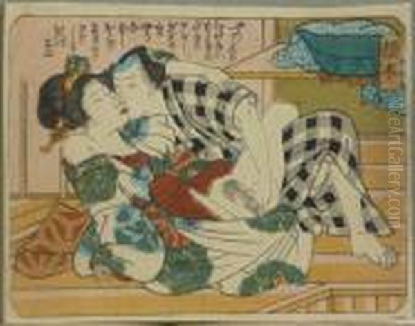 Kunisada, Utagawa Zugeschrieben. Liebespaar Im Badehaus, Japan, Um 1840 Oil Painting by Kunisada