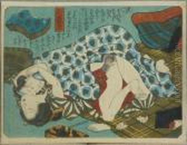 Kunisada, Utagawa Zugeschrieben. Liebespaar Im Teehaus, Japan, Um 1840 Oil Painting by Kunisada