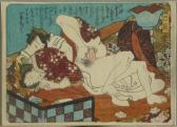 Kunisada, Utagawa Zugeschrieben.
 Prinz Genji Mit Einer Hofdame Im Teehaus, Japan, Um 1840 Oil Painting by Kunisada